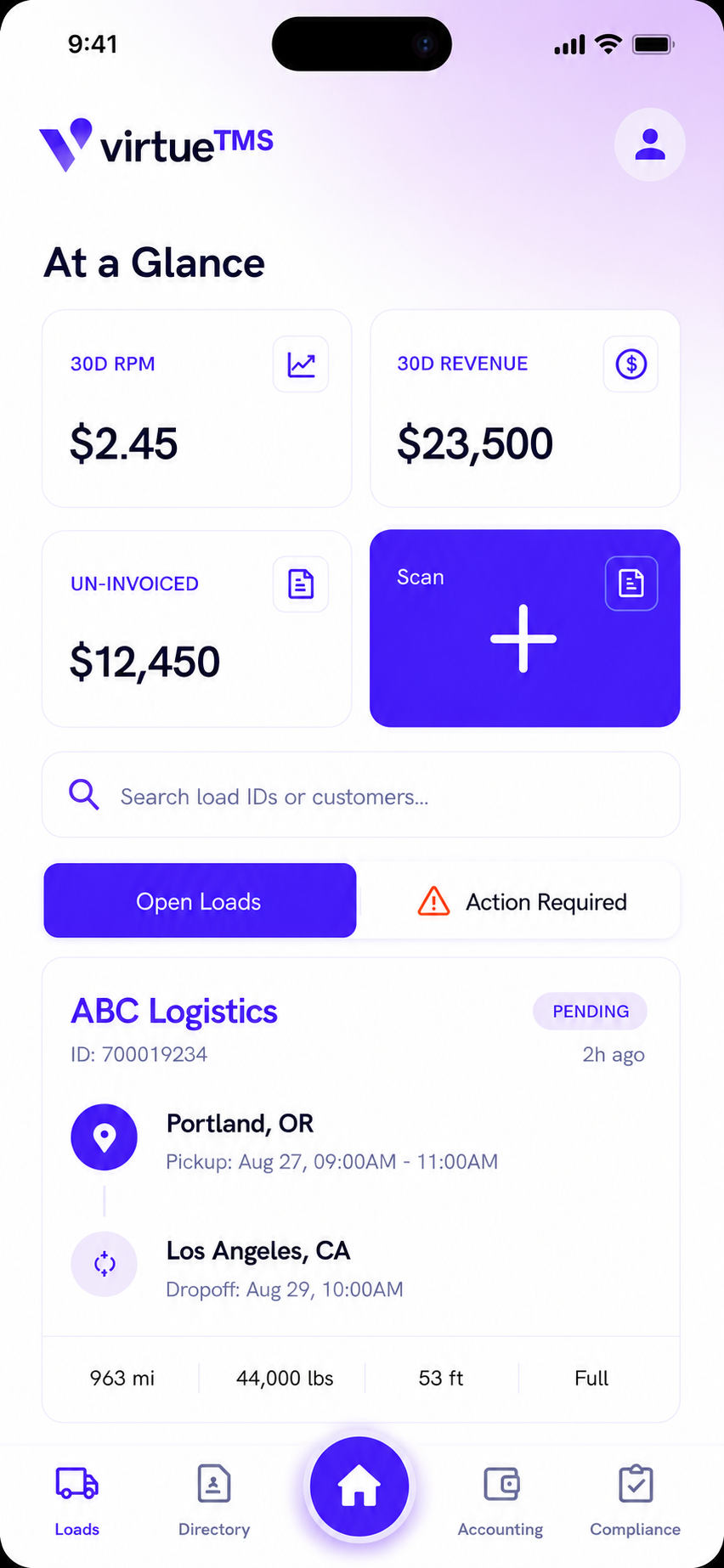 VirtueTMS home screen — At a Glance dashboard with open loads