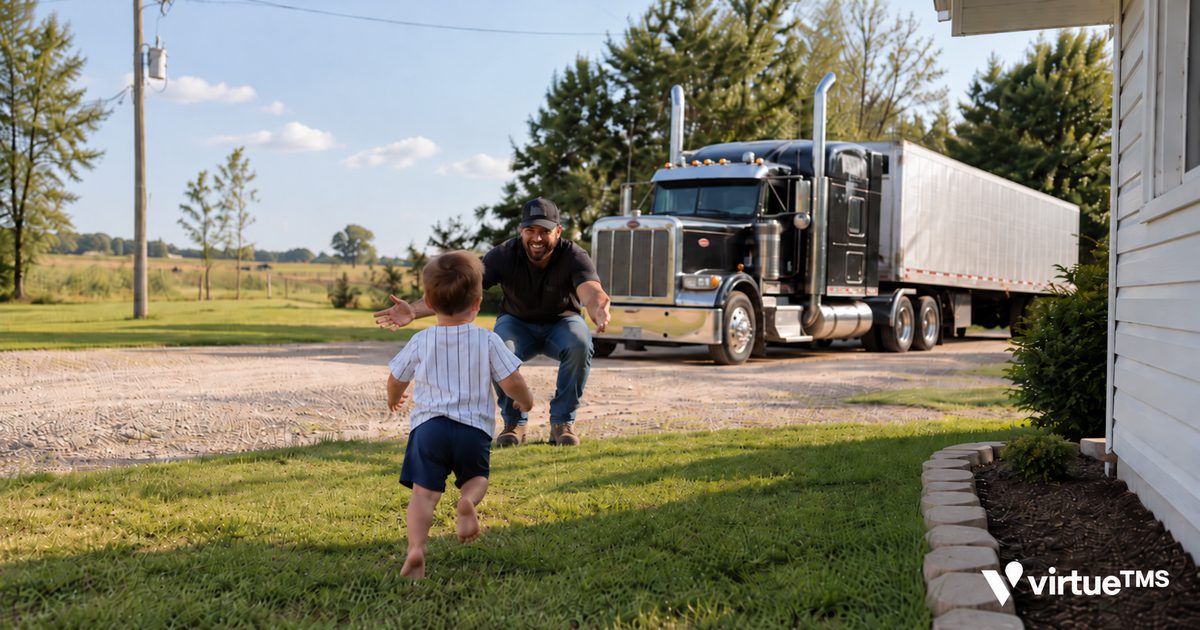 A truck driver crouching with open arms as his toddler runs across the yard toward him, his truck parked in the driveway