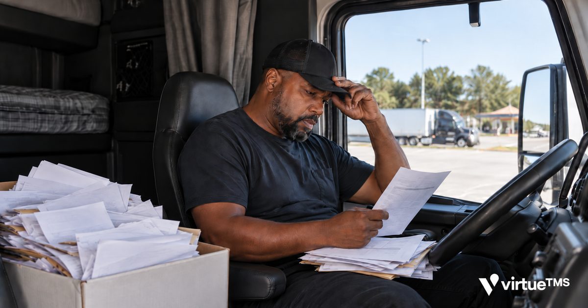 A driver sitting in his cab sorting through a box overflowing with loose paperwork